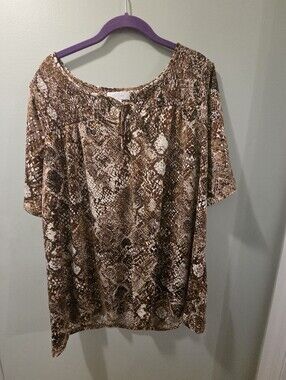 New Directions Brown/Coffee Smocked Snake-Print Short Sleeve Blouse Size 1X